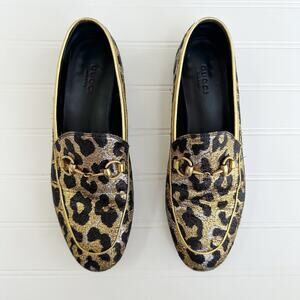 Gucci Jordaan Horsebit Loafer Leopard Animal Print Gold Black Chain Flat Leather